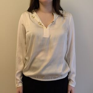 The Limited Cream Long-Sleeve V-Neck Blouse with Gold Accents